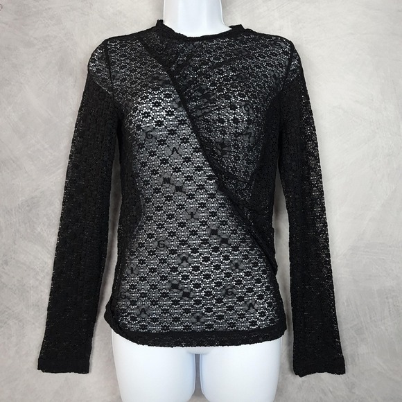 Ganni Tops - Ganni Lace Top Womens Medium Black Floral Sheer Long Sleeve Ruched